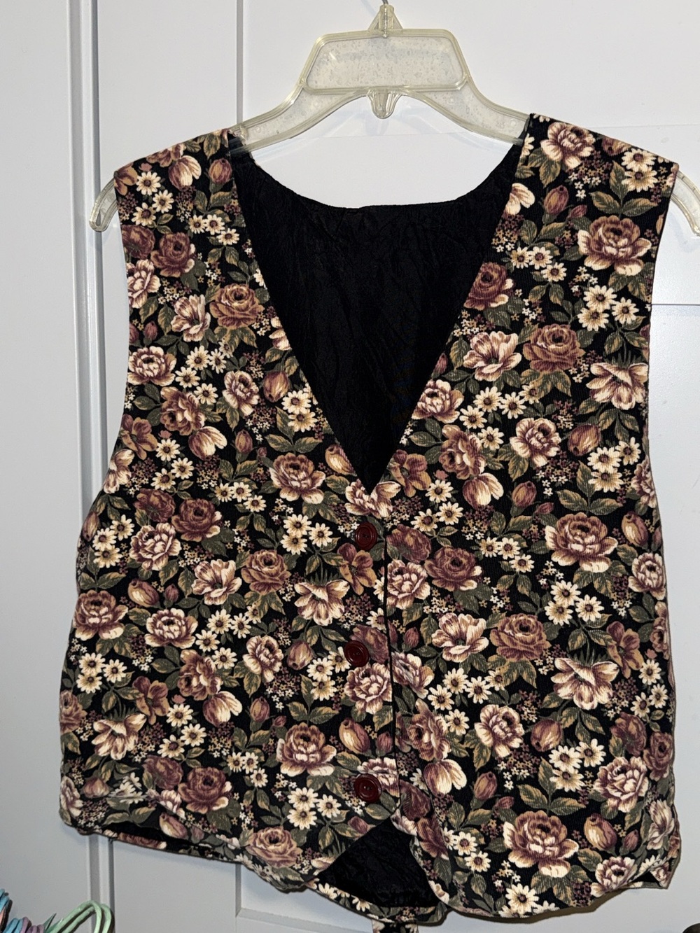 Vintage Floral Quilted Vest - Black with Mauve Rose Print